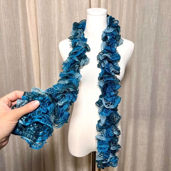 Handmade Ruffle Knit Scarf – Teal Blue Ombre - Picture 2 of 3
